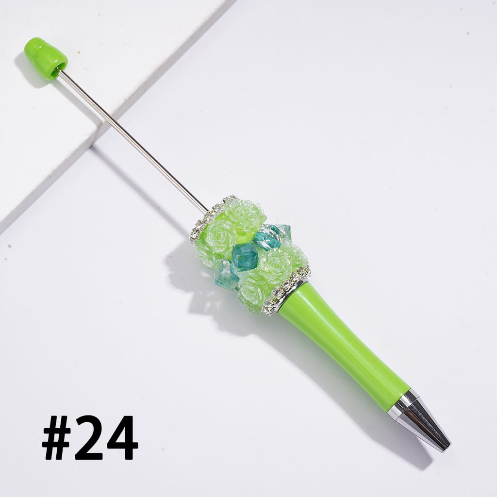 Beadable Pens w Shiny Rose Flowers and Clear Cube Square Shaped Crystal Design, Clear Rhinestone Chains, Multi-Color