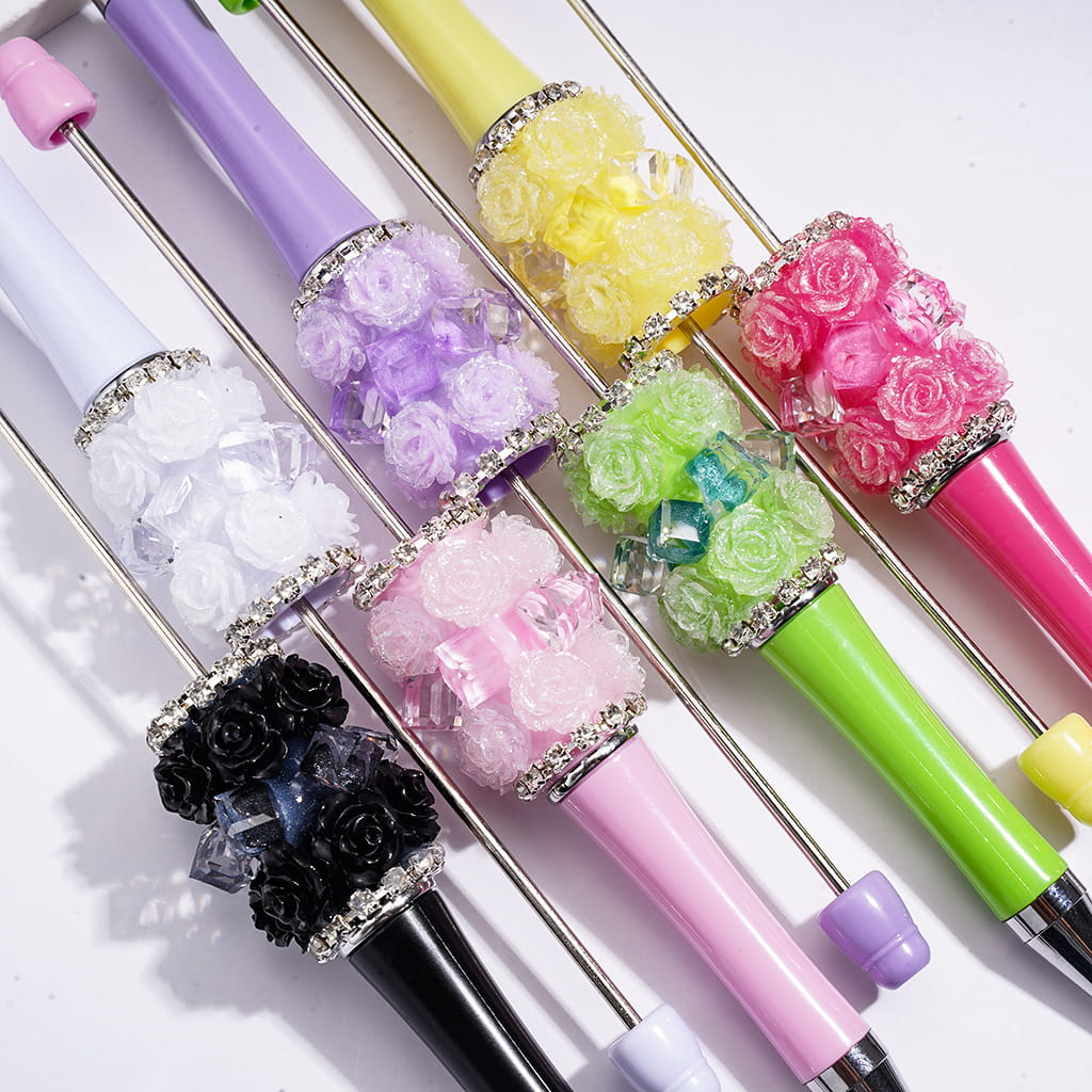 Beadable Pens w Shiny Rose Flowers and Clear Cube Square Shaped Crystal Design, Clear Rhinestone Chains, Multi-Color