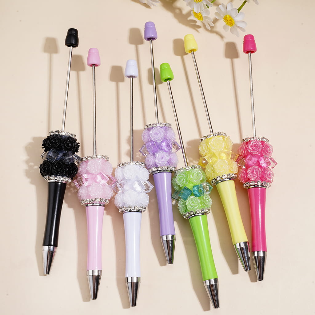 Beadable Pens w Shiny Rose Flowers and Clear Cube Square Shaped Crystal Design, Clear Rhinestone Chains, Multi-Color