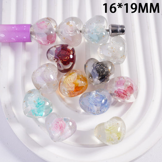 Colorful heart-shaped beads on a white background with measurement '16*19MM'.