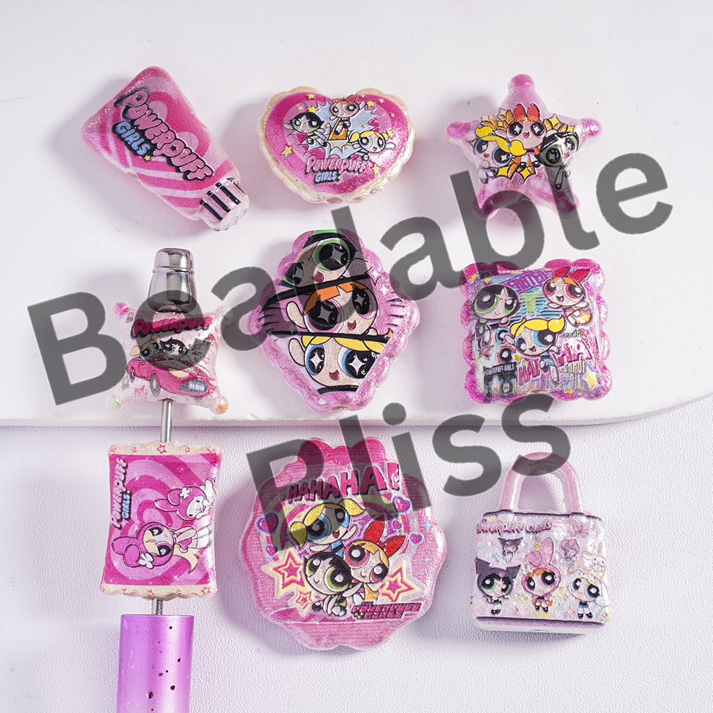 Collection of Powerpuff Girls-themed stationery items on a white background