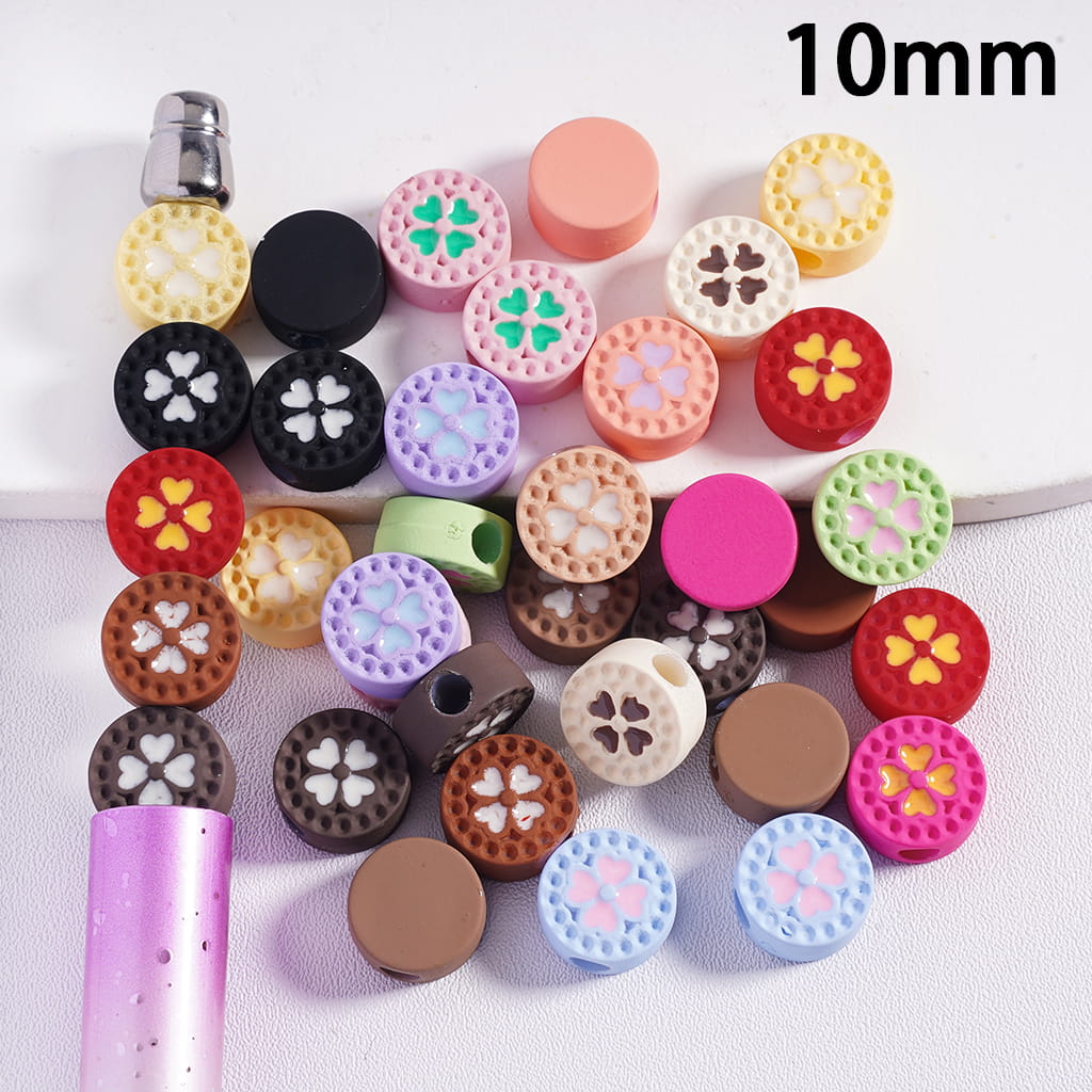 Assorted colorful beads with a 10mm measurement label on a white background