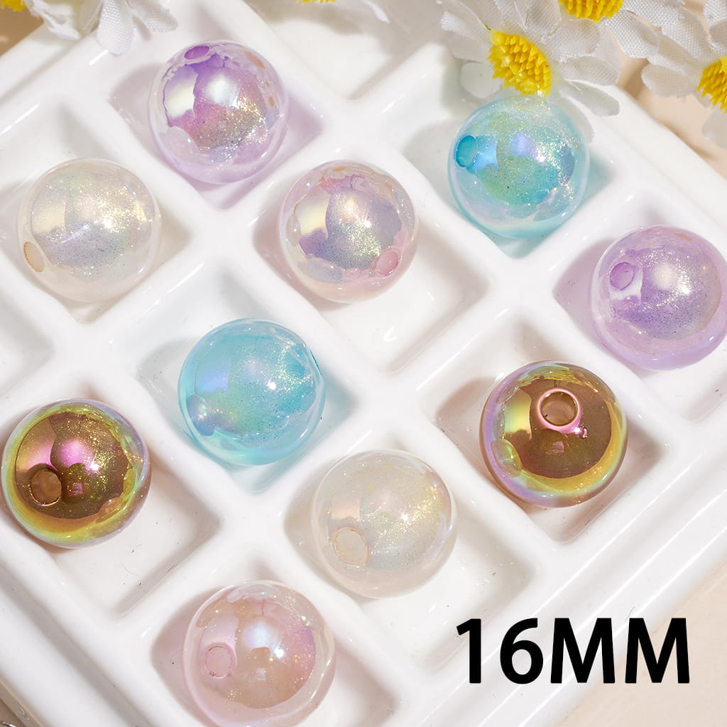 Luminous UV Coating Translucent Glitter Colorful Round Acrylic Beads, 16MM