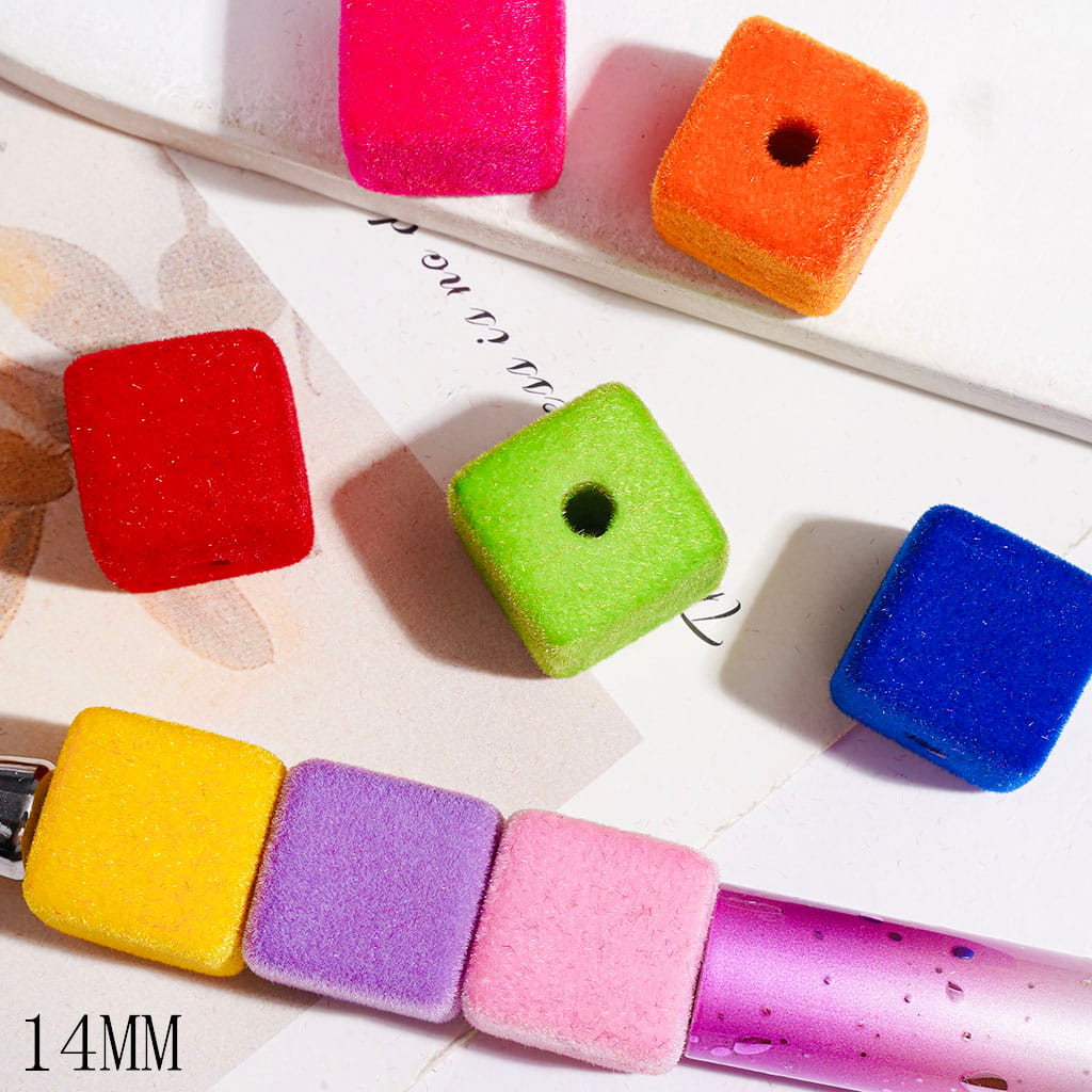 Acrylic Beads Flocked Fluffy Cube Square, 14MM Multi-Color Random Mix