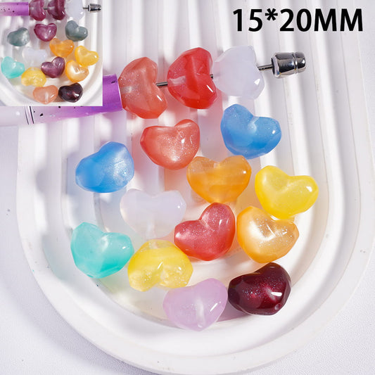 Acrylic Beads Color Changing Cat Eye Style Polyhedral Multi-Faceted Hearts, 15*20MM, Random Mix