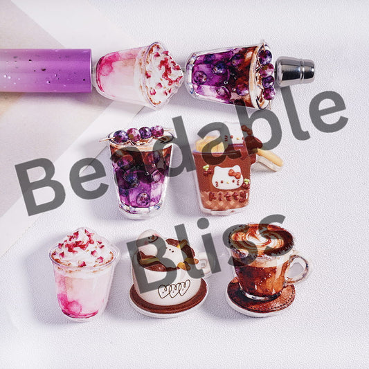Assorted coffee drinks with decorative elements on a white background, featuring the brand 'handmade supply'.com'.