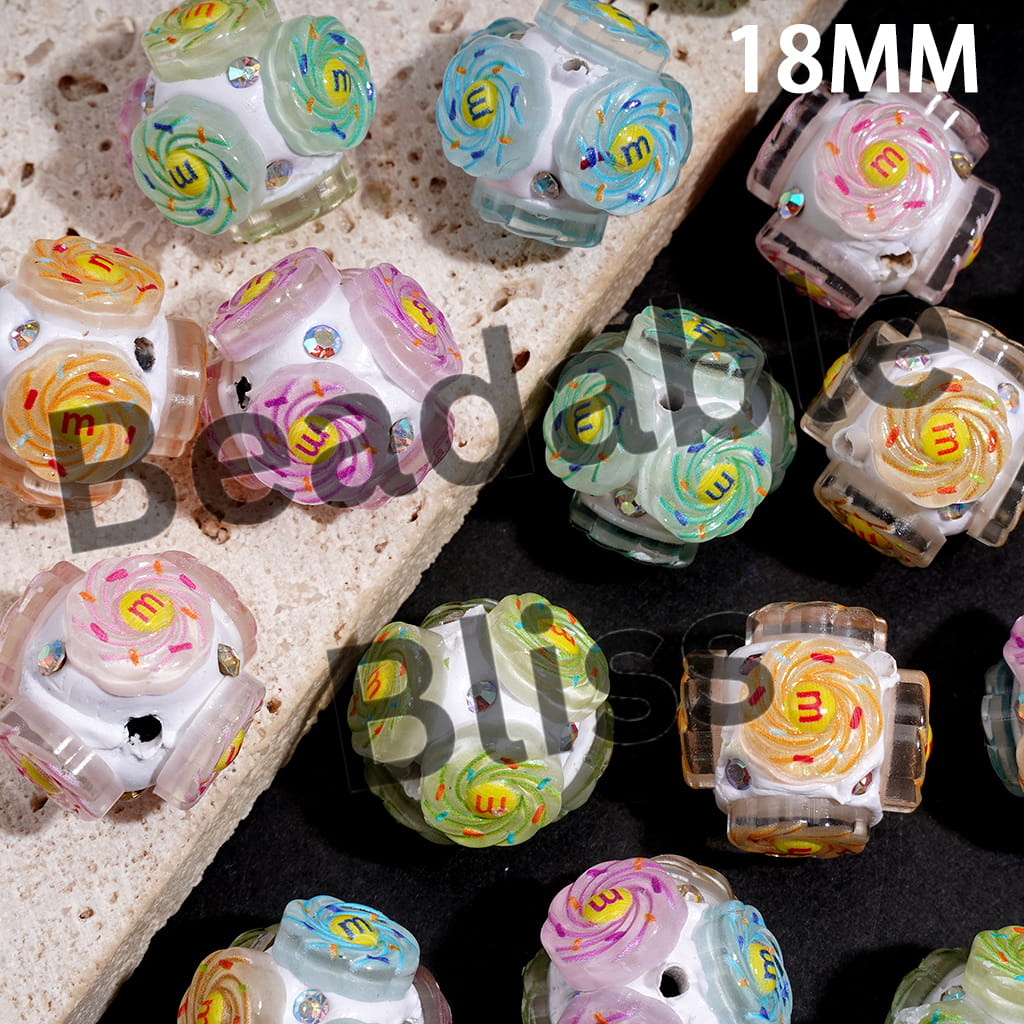 Clay Beads with Swirl Candy Chip and AB Rhinestones, 18MM, Assorted Colors, Random Mix