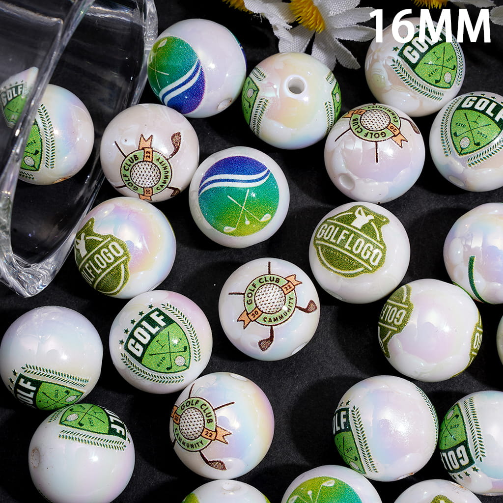Sports Golf Theme Acrylic Beads for Bracelets UV Coating, 16MM, Random Mix
