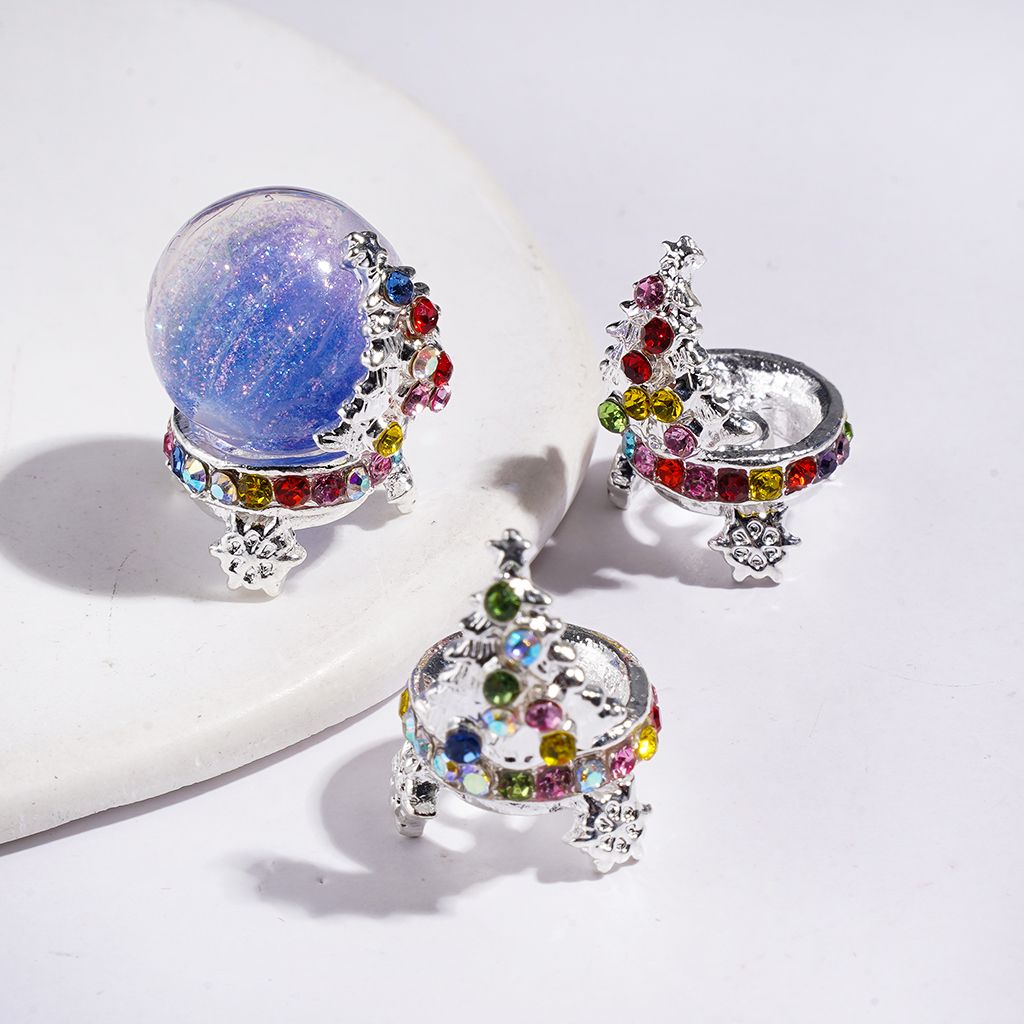 Silver Music Box Metal Bead Cages, Bead Cap with Christmas Tree and Multi-Color AB Rhinestones, Jewelry Accessories