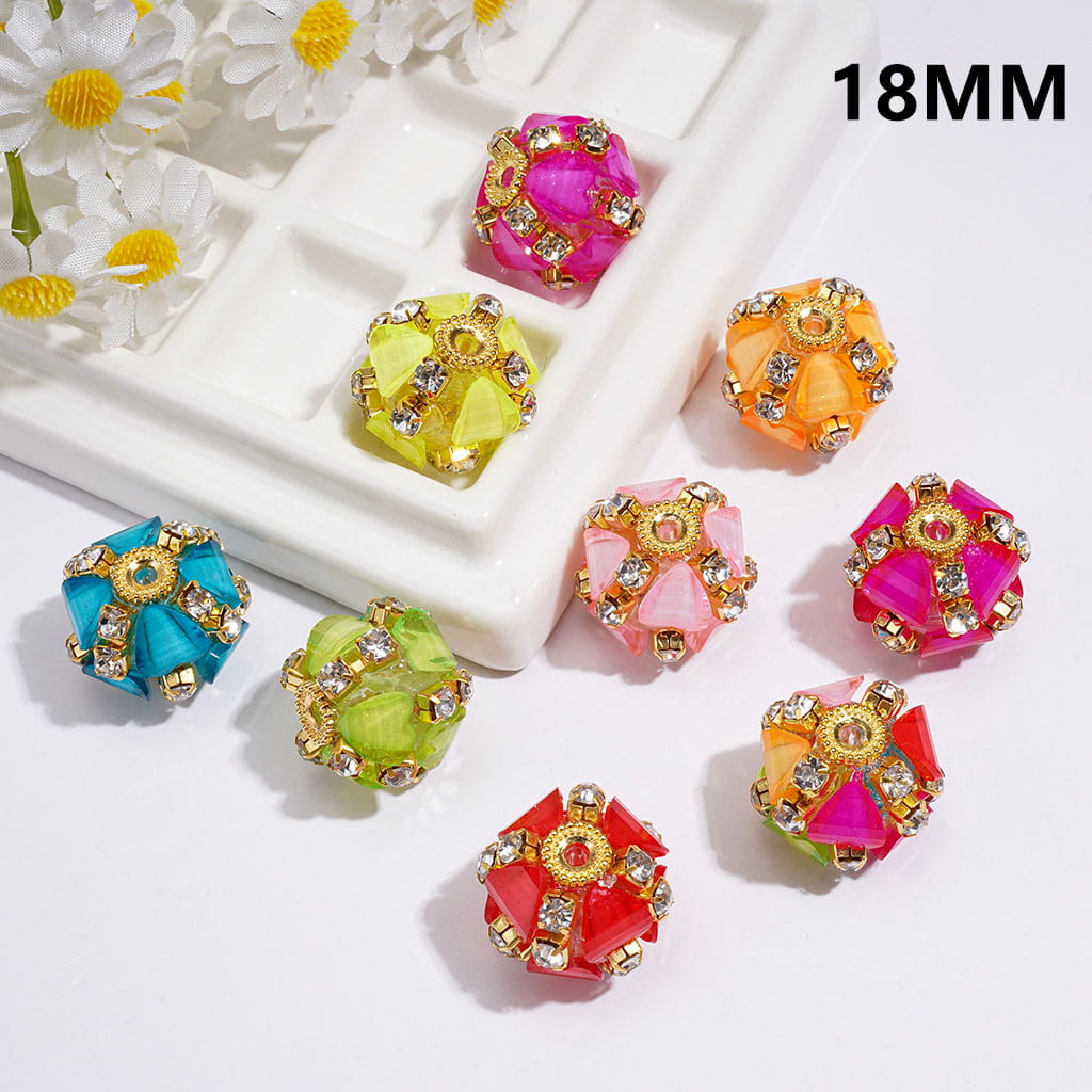 Hand-Made Acrylic Beads w Fluorescent Heart Shape Crystal, Clear Rhinestone Chain & Gold Metal Setting, 18MM Random Mix