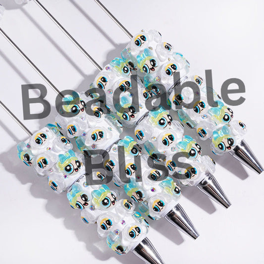 Beadable Clay Pens with Semi-Clear Brave Girl Police Character Avatar, AB Rhinestones