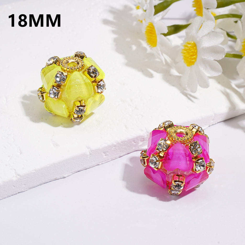 Hand-Made Acrylic Beads w Fluorescent Heart Shape Crystal, Clear Rhinestone Chain & Gold Metal Setting, 18MM Random Mix