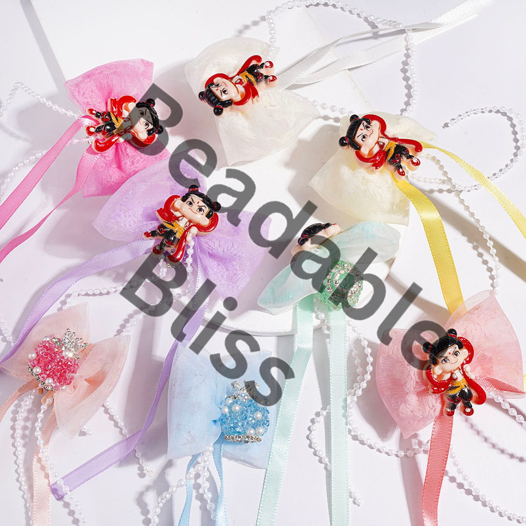 Acrylic Sugar Beads with Metal Crown White Pearl & Clear Rhinestone Chains, Fabric Bowtie w Cartoon Characters, Long Ribbon & Pearl Tassels, Random Mix Multi-Color