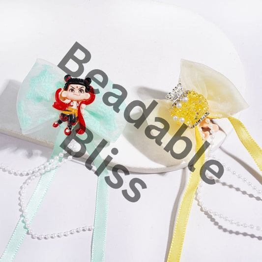 Acrylic Sugar Beads with Metal Crown White Pearl & Clear Rhinestone Chains, Fabric Bowtie w Cartoon Characters, Long Ribbon & Pearl Tassels, Random Mix Multi-Color