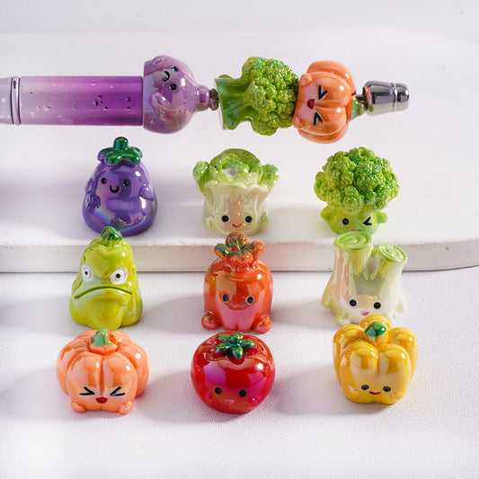 Colorful vegetable-shaped nail polish bottles on a white background