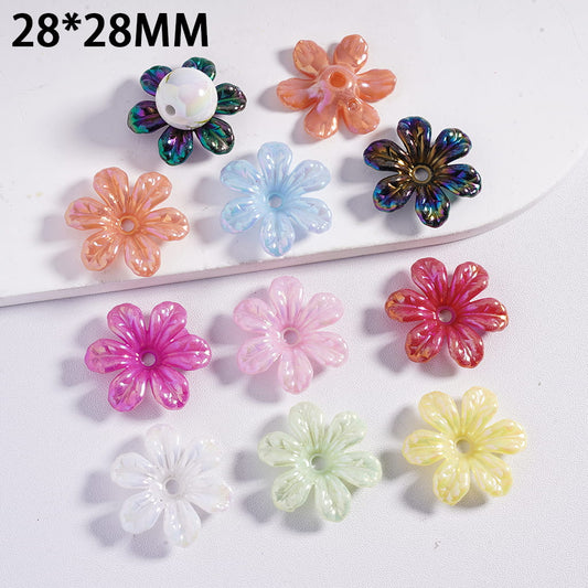 Assorted colorful flower-shaped beads on a white background with dimensions 28*28MM.
