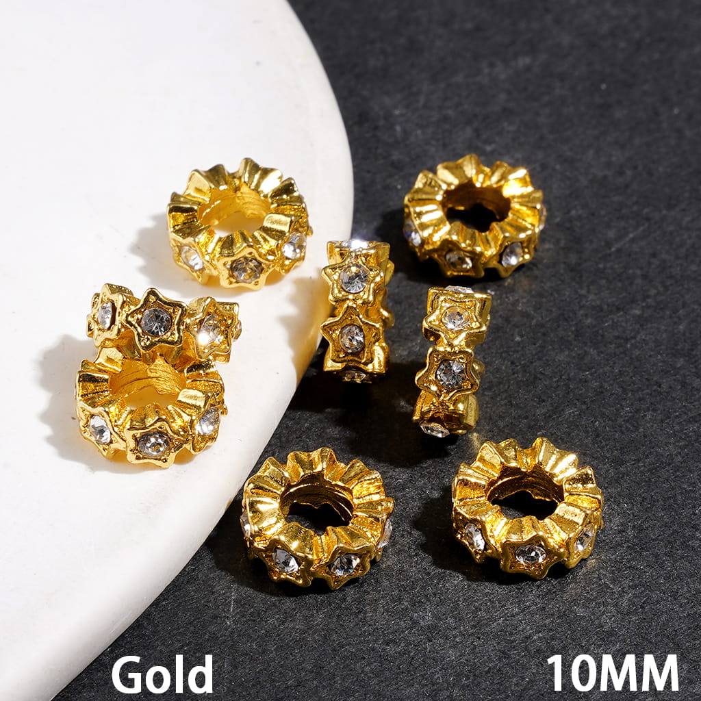 Star Design with Clear Rhinestones Spacer Beads, Large Hole Beads, 10MM, Gold and Silver (The Hole Diameter is Around 5MM)