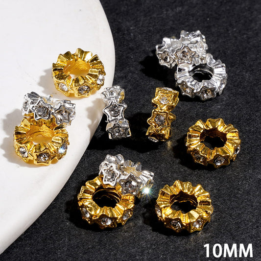 Star Design with Clear Rhinestones Spacer Beads, Large Hole Beads, 10MM, Gold and Silver (The Hole Diameter is Around 5MM)