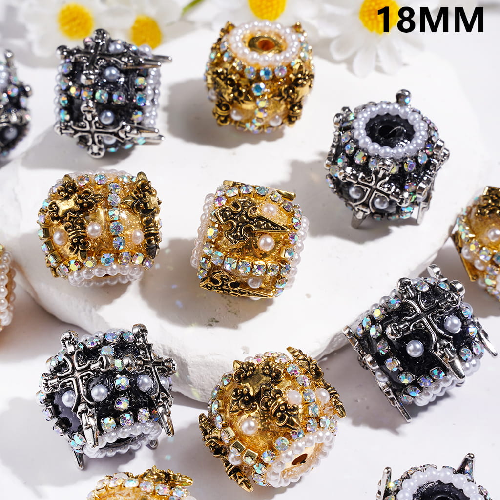 Handmade Acrylic Beads with Cross and Half-Shell White Pearl, AB Rhinestone and White Pearl Chains, 18MM Gold and Gun Black