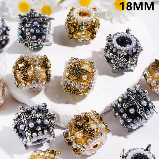 Handmade Acrylic Beads with Cross and Half-Shell White Pearl, AB Rhinestone and White Pearl Chains, 18MM Gold and Gun Black