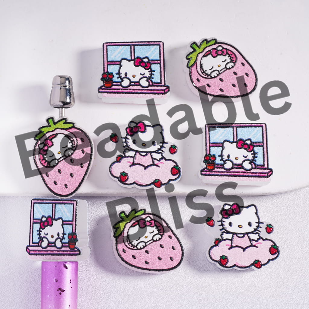 Set of Hello Kitty-themed strawberry-shaped pins on a white background with 'hodnsunsunny.com' branding.