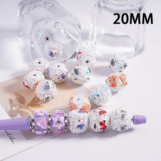 Clay Sugar Beads with Colorful Cat and Clear Cone-Shaped Rhinestones, White Pearl Chains, 20MM, Random Mix
