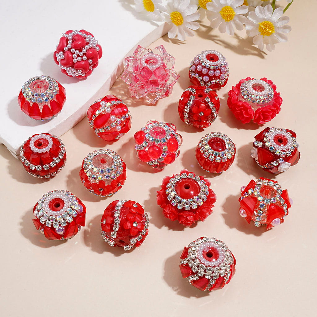 Hand-Made Acrylic Beads Fluorescent Colors Series, w Rhinestones Pearl Embellishments Metal Clasp, Random Mix (Please Read Description)