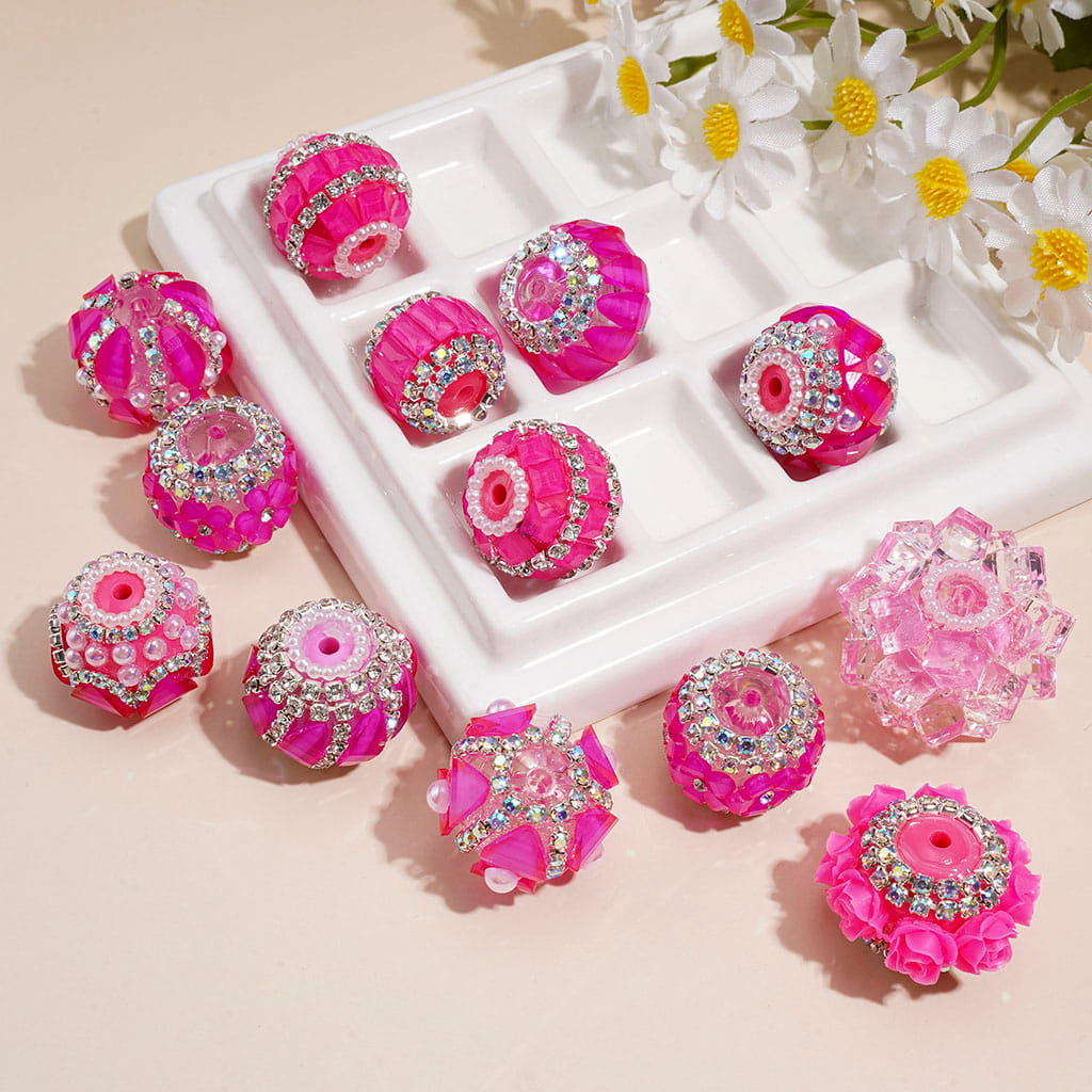Hand-Made Acrylic Beads Fluorescent Colors Series, w Rhinestones Pearl Embellishments Metal Clasp, Random Mix (Please Read Description)