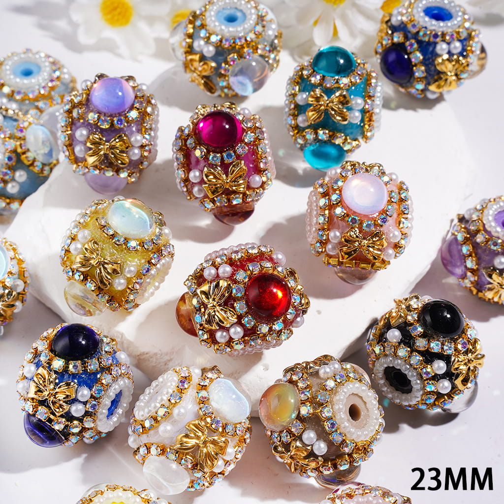 Handmade Acrylic Beads with Gold Bowtie and Half-Faced Round, AB Rhinestone Chains and White Pearls, 23MM, Various Colors, Random Mix