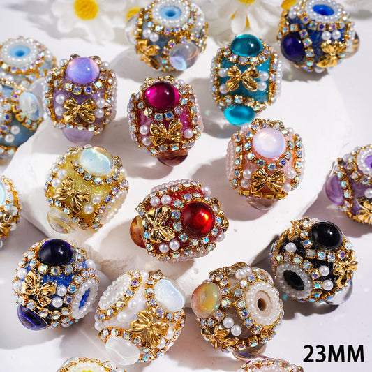 Handmade Acrylic Beads with Gold Bowtie and Half-Faced Round, AB Rhinestone Chains and White Pearls, 23MM, Various Colors, Random Mix