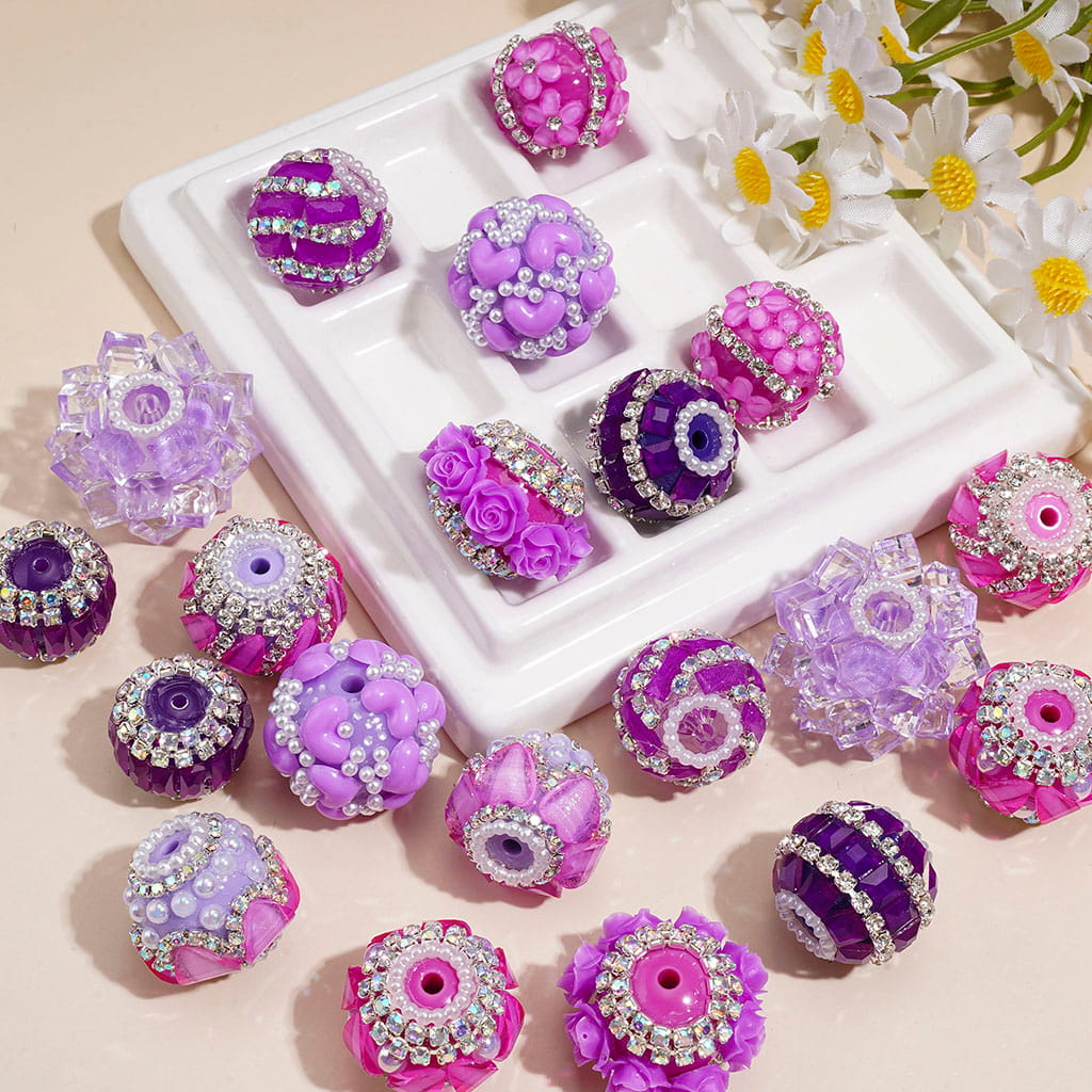 Hand-Made Acrylic Beads Fluorescent Colors Series, w Rhinestones Pearl Embellishments Metal Clasp, Random Mix (Please Read Description)