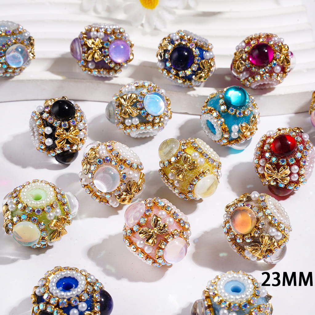 Handmade Acrylic Beads with Gold Bowtie and Half-Faced Round, AB Rhinestone Chains and White Pearls, 23MM, Various Colors, Random Mix
