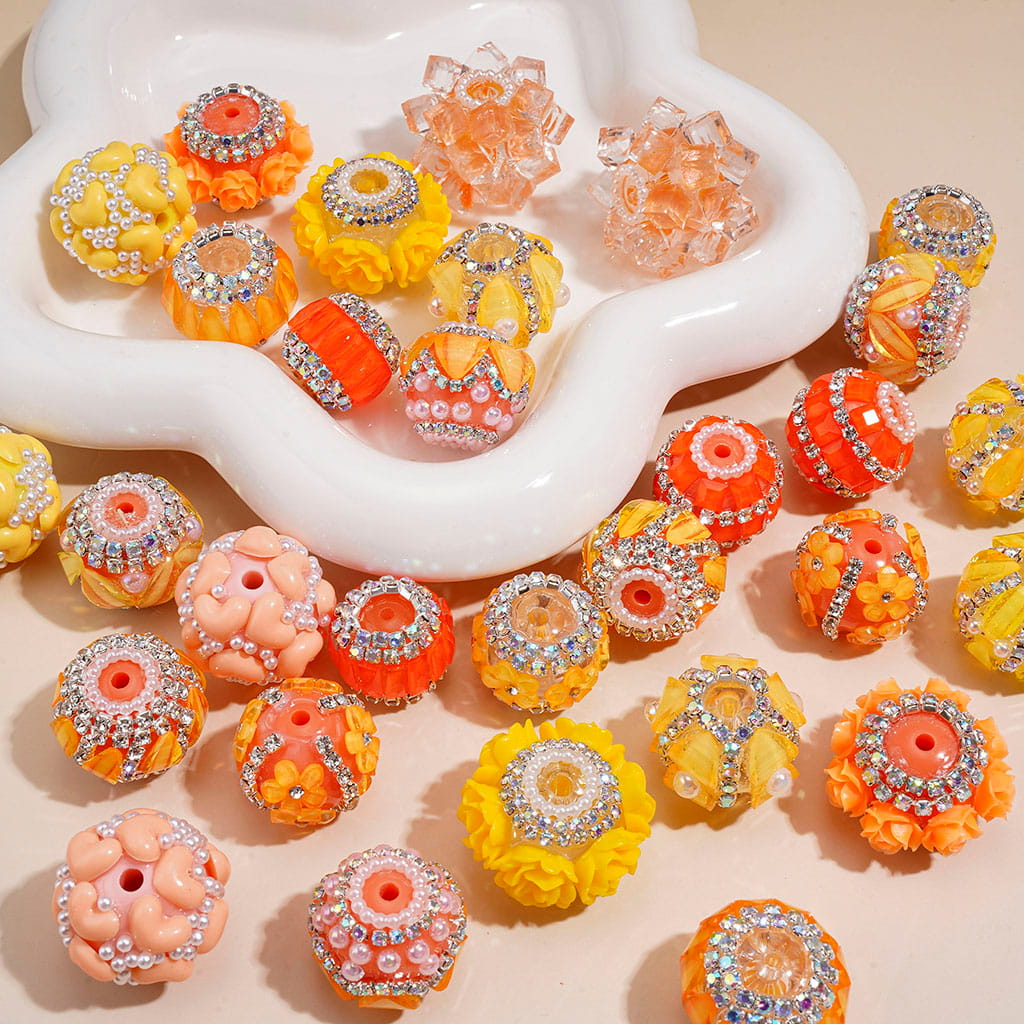 Hand-Made Acrylic Beads Fluorescent Colors Series, w Rhinestones Pearl Embellishments Metal Clasp, Random Mix (Please Read Description)