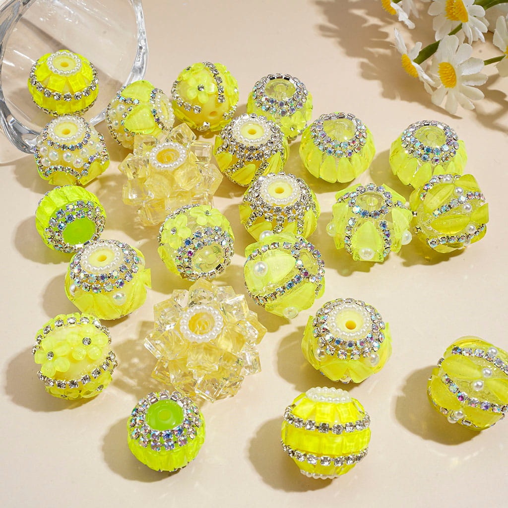 Hand-Made Acrylic Beads Fluorescent Colors Series, w Rhinestones Pearl Embellishments Metal Clasp, Random Mix (Please Read Description)