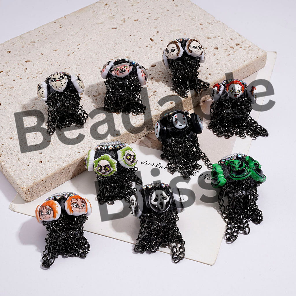Handmade Acrylic Beads with Spooky Horror Character Series & Gun Black Metal Tassel Chains, White Pearl & AB Rhinestone Chains