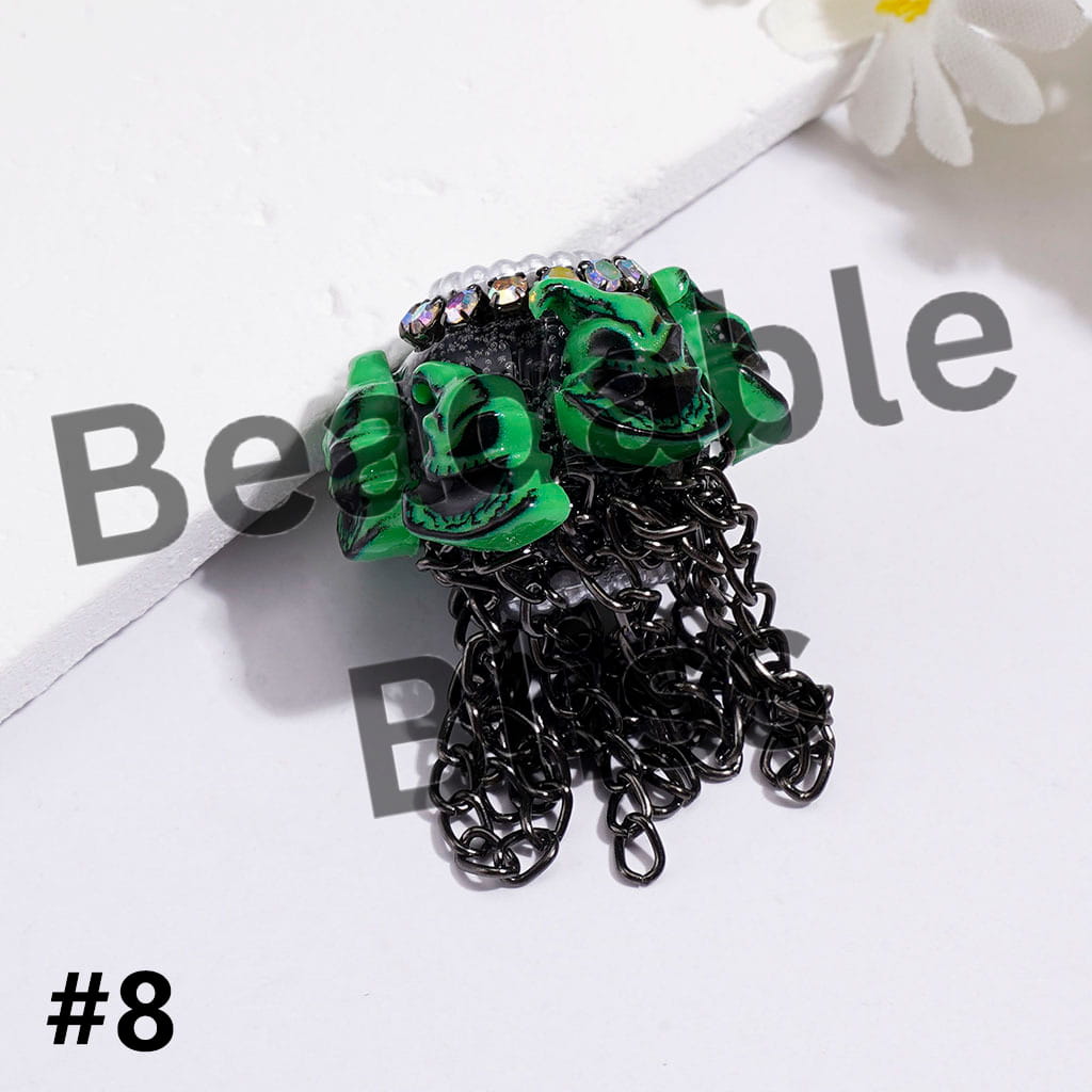 Handmade Acrylic Beads with Spooky Horror Character Series & Gun Black Metal Tassel Chains, White Pearl & AB Rhinestone Chains