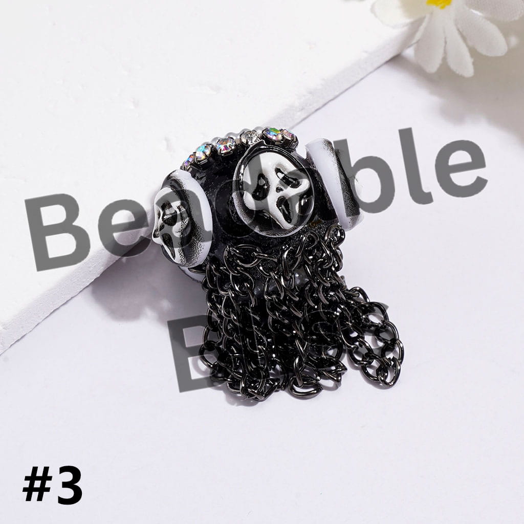 Handmade Acrylic Beads with Spooky Horror Character Series & Gun Black Metal Tassel Chains, White Pearl & AB Rhinestone Chains