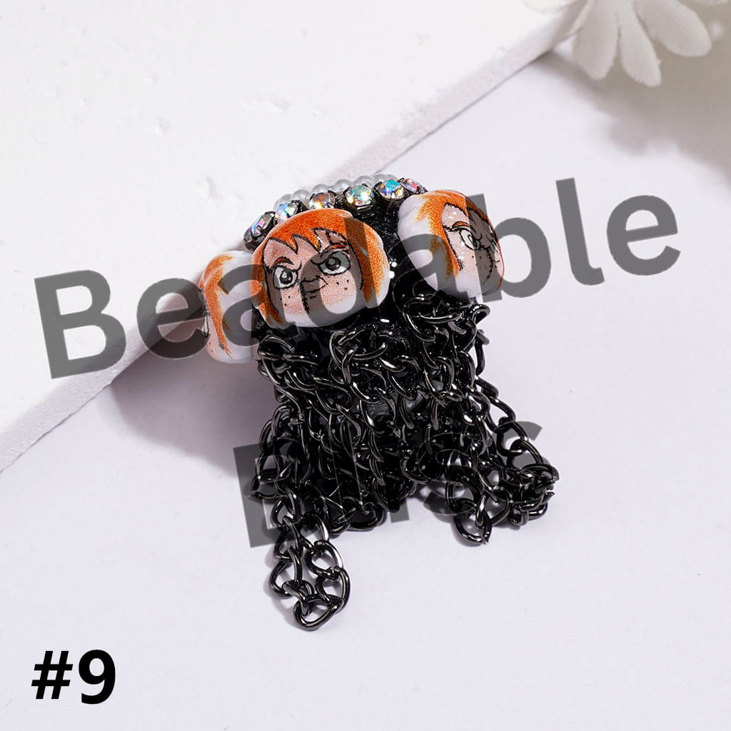 Handmade Acrylic Beads with Spooky Horror Character Series & Gun Black Metal Tassel Chains, White Pearl & AB Rhinestone Chains