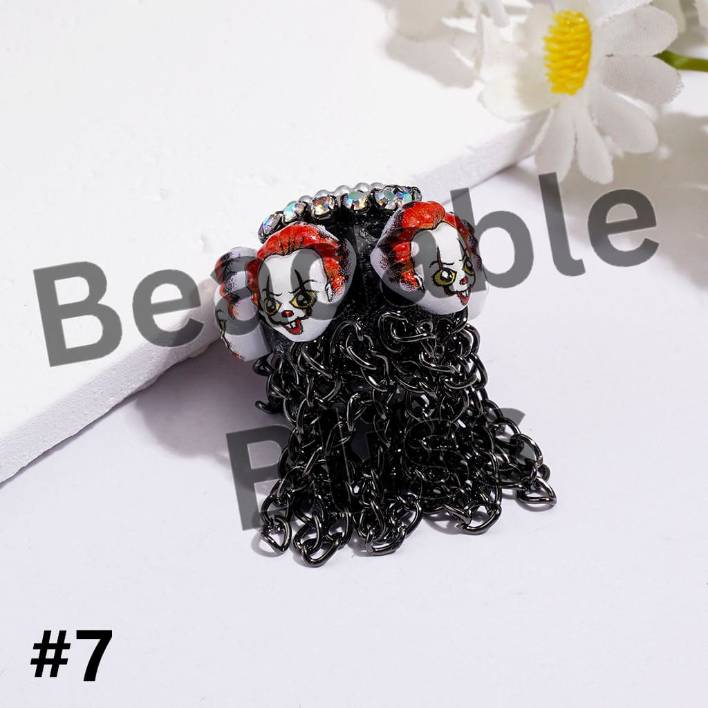 Handmade Acrylic Beads with Spooky Horror Character Series & Gun Black Metal Tassel Chains, White Pearl & AB Rhinestone Chains