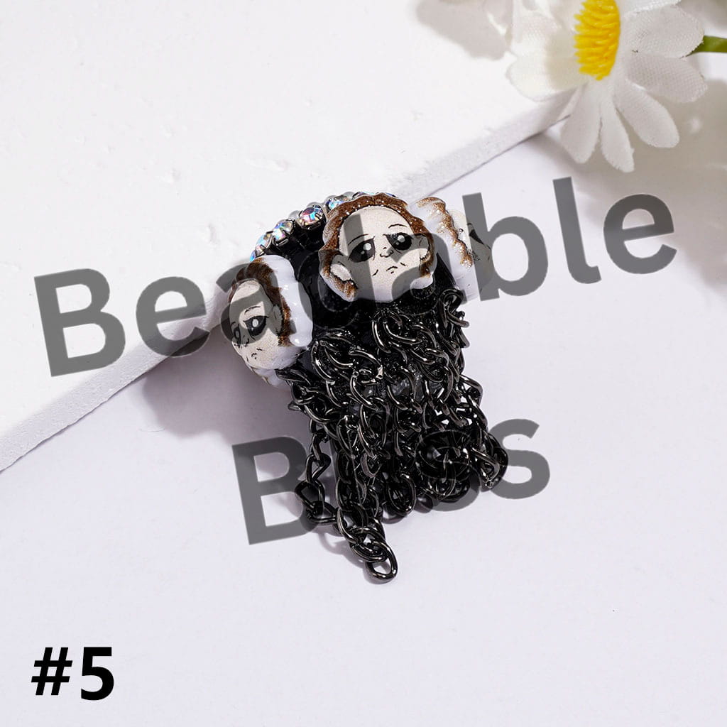 Handmade Acrylic Beads with Spooky Horror Character Series & Gun Black Metal Tassel Chains, White Pearl & AB Rhinestone Chains