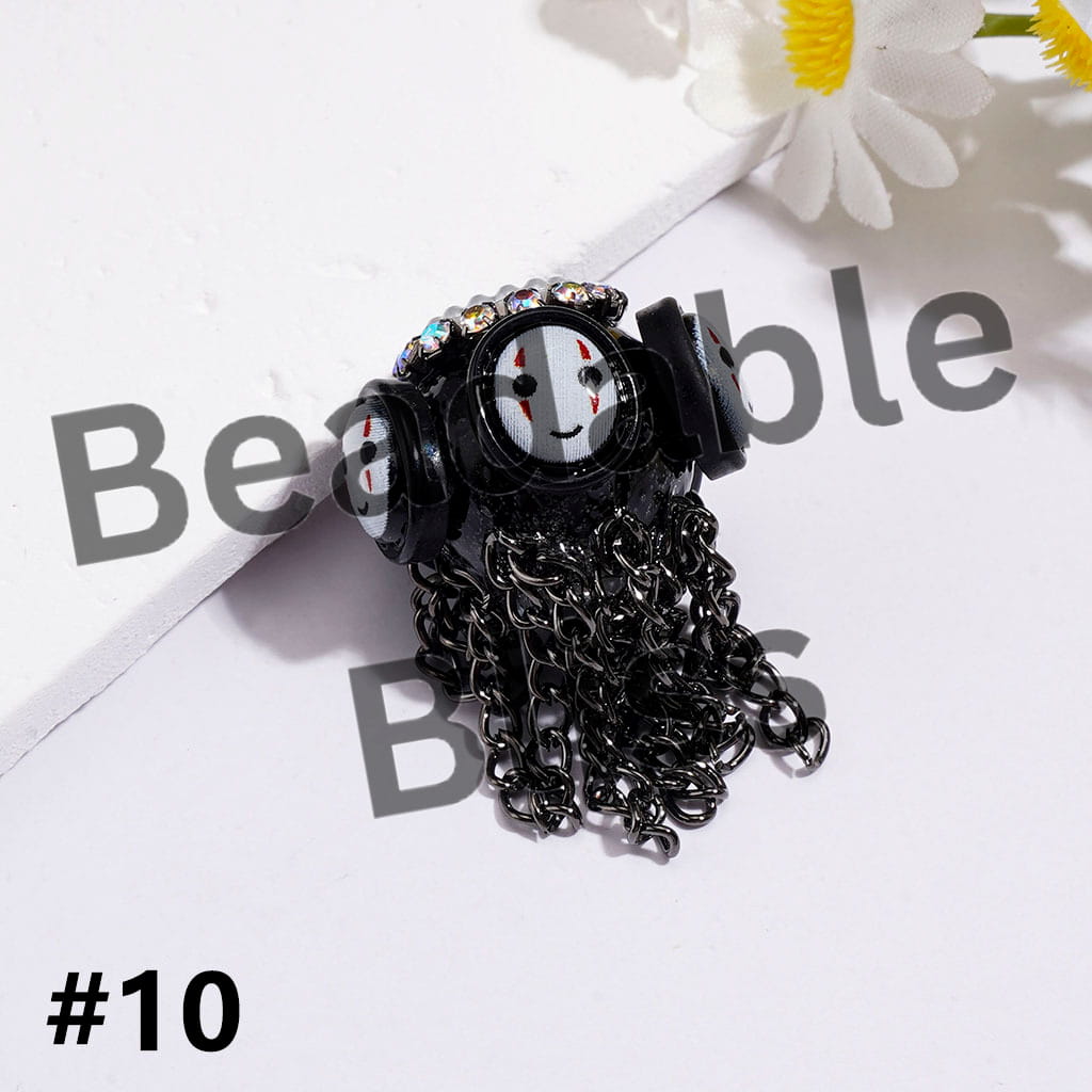 Handmade Acrylic Beads with Spooky Horror Character Series & Gun Black Metal Tassel Chains, White Pearl & AB Rhinestone Chains