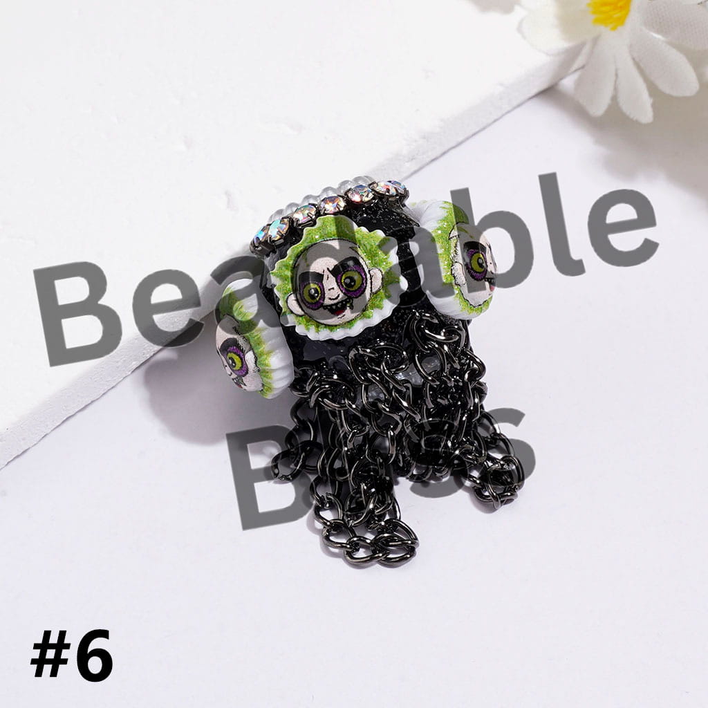 Handmade Acrylic Beads with Spooky Horror Character Series & Gun Black Metal Tassel Chains, White Pearl & AB Rhinestone Chains