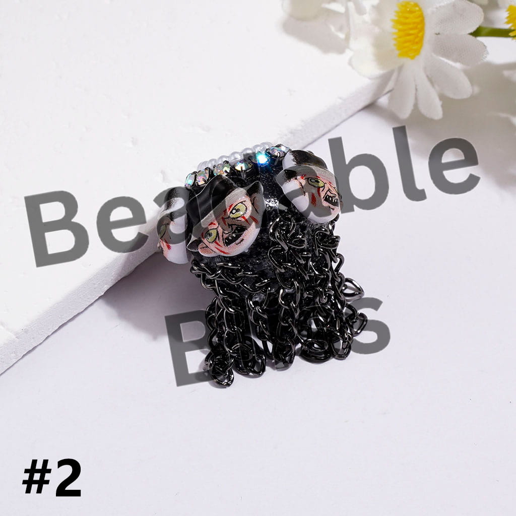 Handmade Acrylic Beads with Spooky Horror Character Series & Gun Black Metal Tassel Chains, White Pearl & AB Rhinestone Chains