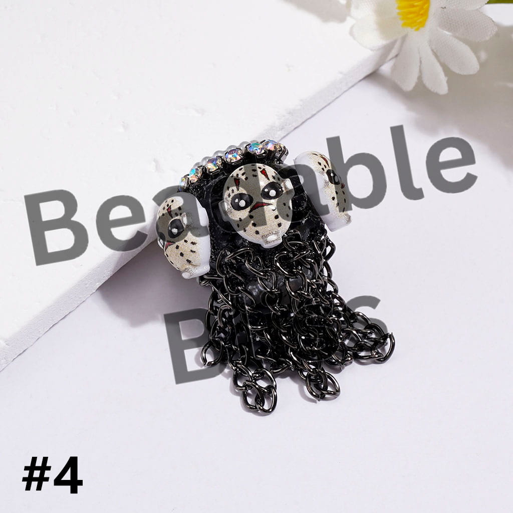 Handmade Acrylic Beads with Spooky Horror Character Series & Gun Black Metal Tassel Chains, White Pearl & AB Rhinestone Chains