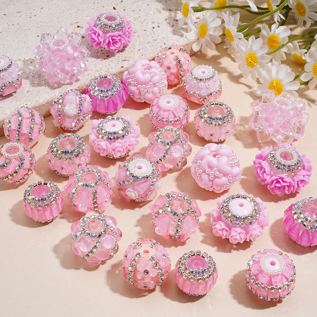 Hand-Made Acrylic Beads Fluorescent Colors Series, w Rhinestones Pearl Embellishments Metal Clasp, Random Mix (Please Read Description)