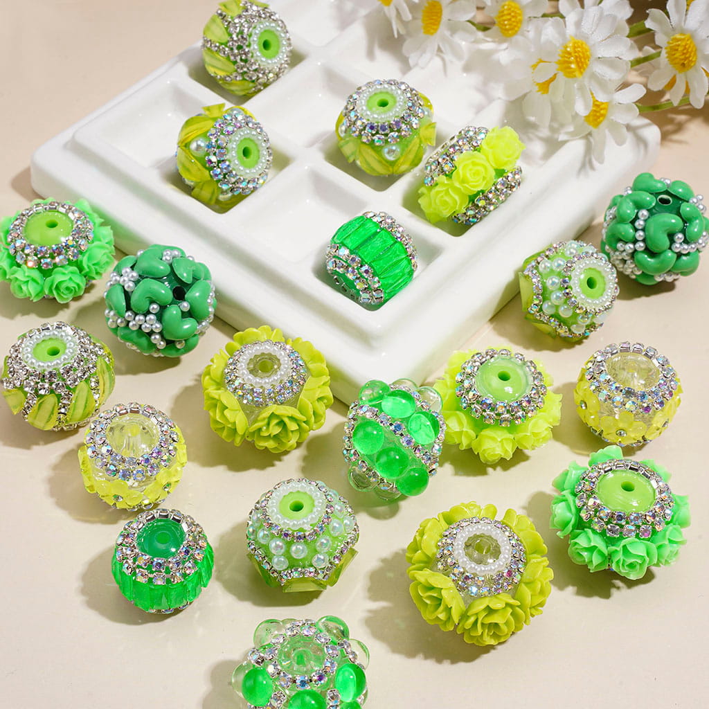 Hand-Made Acrylic Beads Fluorescent Colors Series, w Rhinestones Pearl Embellishments Metal Clasp, Random Mix (Please Read Description)