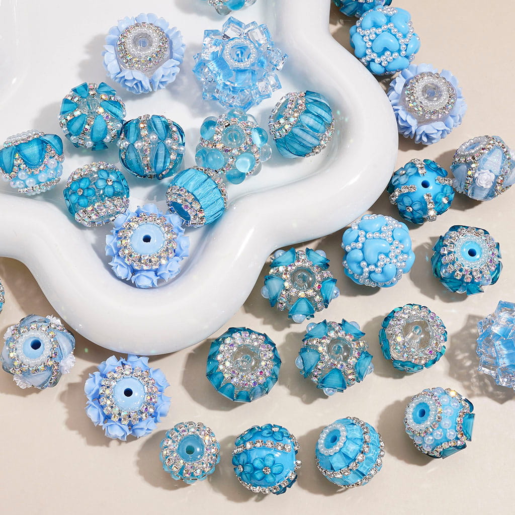 Hand-Made Acrylic Beads Fluorescent Colors Series, w Rhinestones Pearl Embellishments Metal Clasp, Random Mix (Please Read Description)