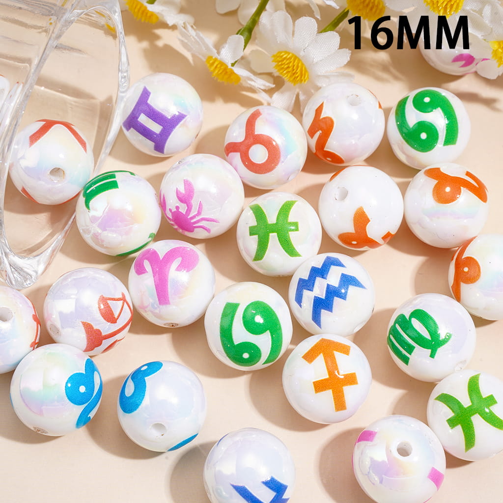 Twelve Constellations Series UV Coating Acrylic Beads for Bracelets, 16MM, Random Mix