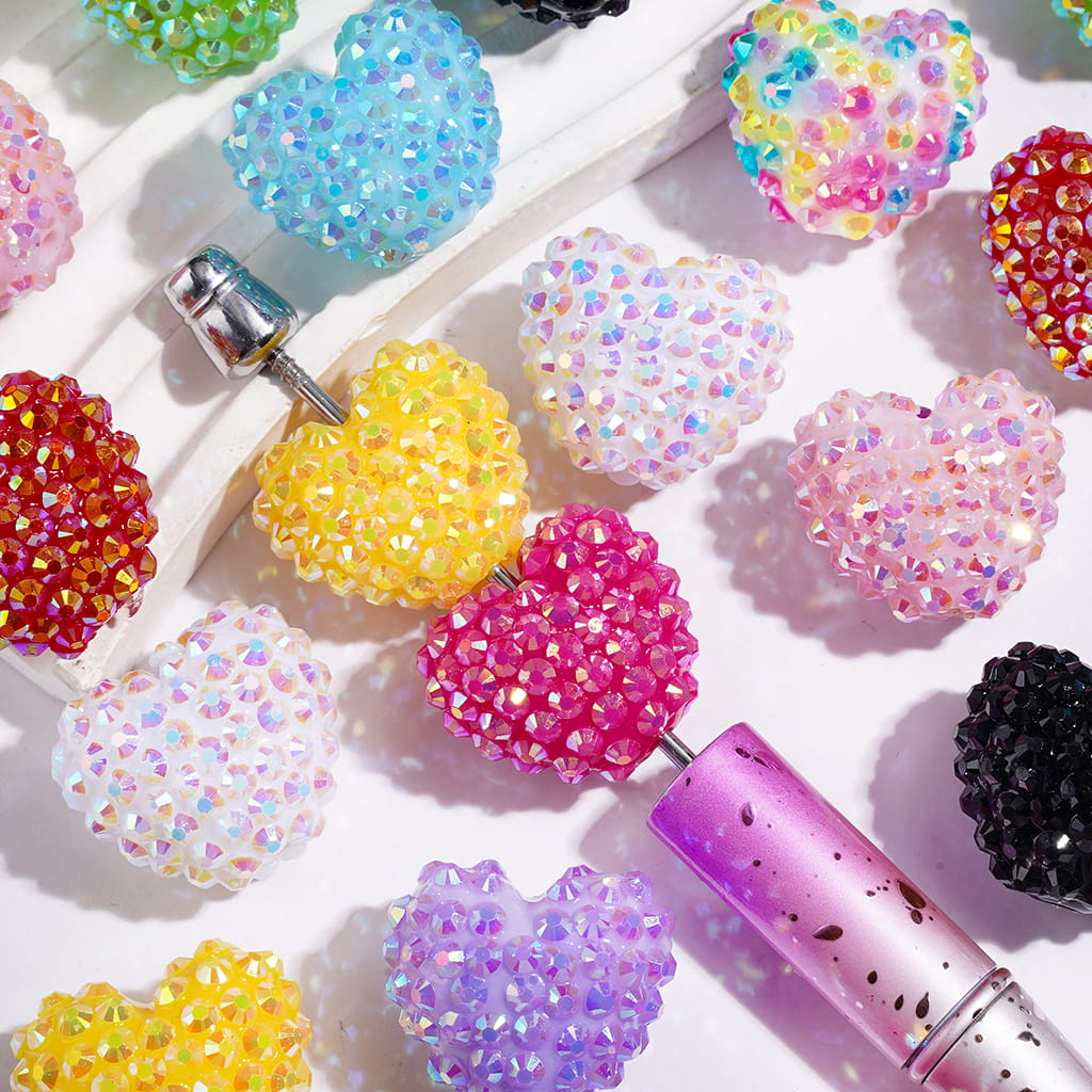 Acrylic Beads Heart with Bling Bling AB Rhinestones, 20*23MM, Multi-Color