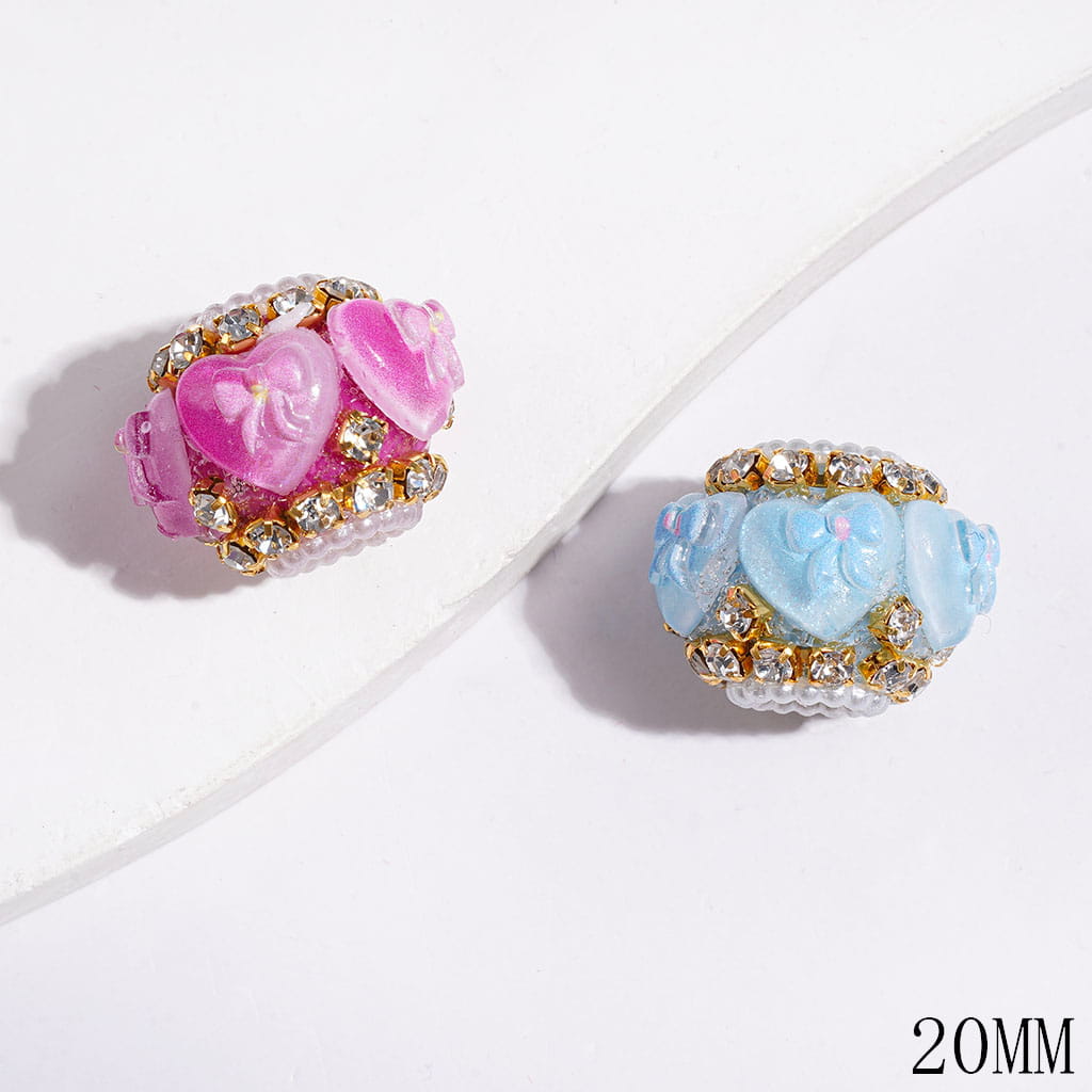 Handmade Acrylic Beads Heart with Bowtie, Clear Rhinestone and White Pearl Chains, 20MM Multi-Color Random Mix